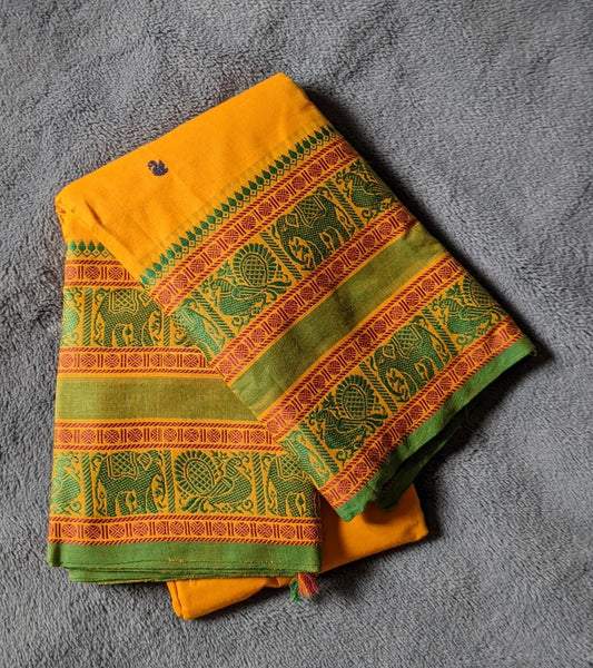 Saree - Orange with green and red pattern