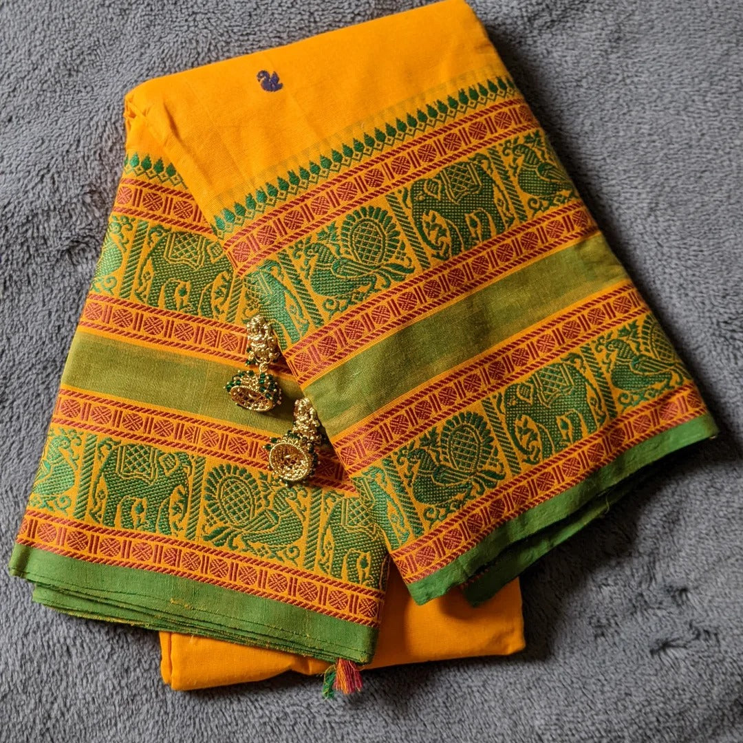 Saree - Orange with green and red pattern