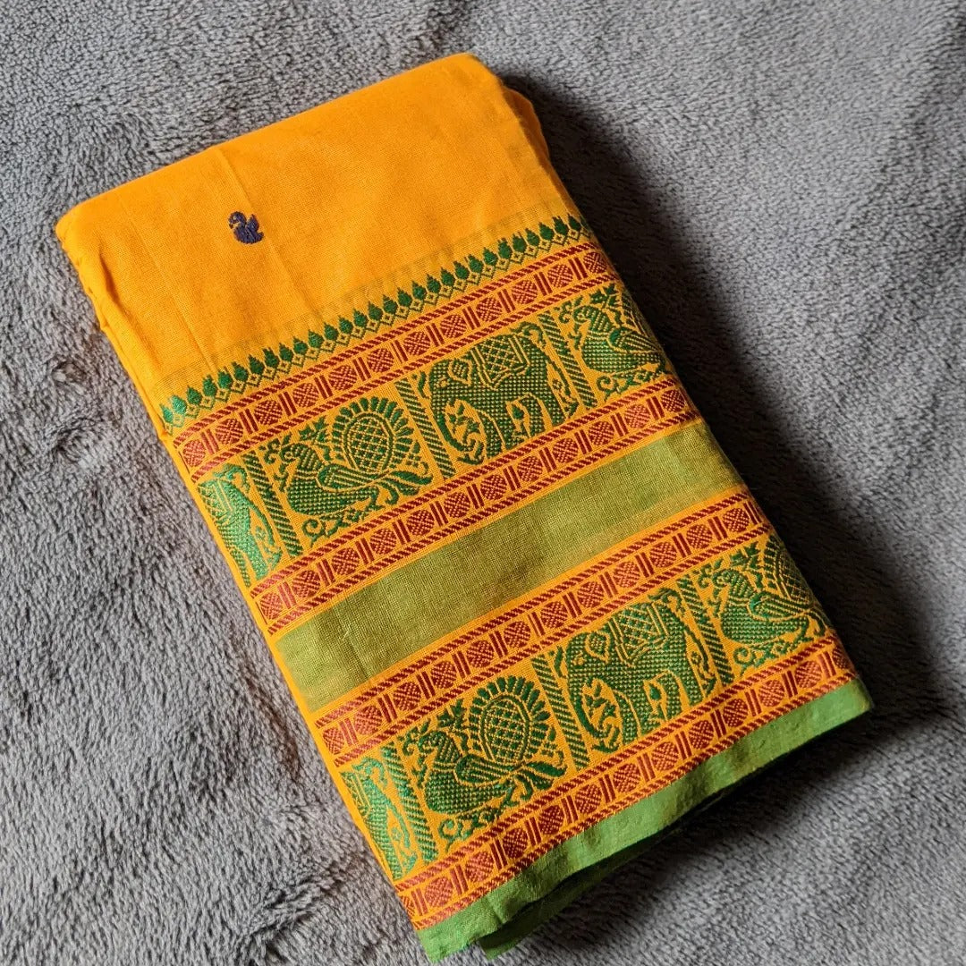 Saree - Orange with green and red pattern